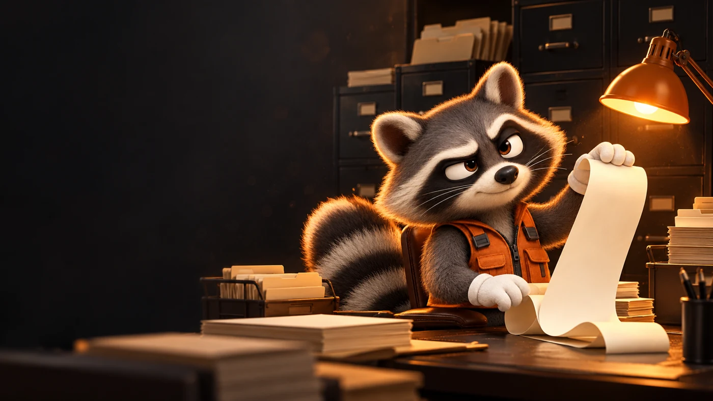 Raccoon reviewing a receipt in a warmly lit evidence archive