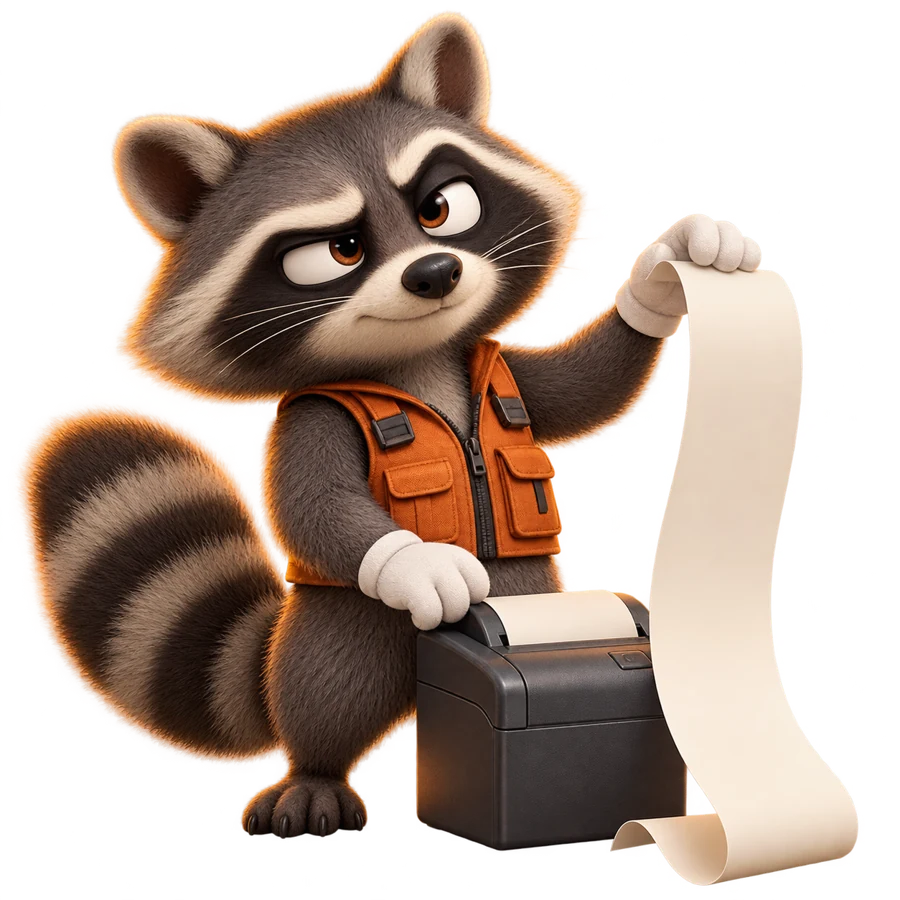Skeptical raccoon holding a long receipt beside a printer